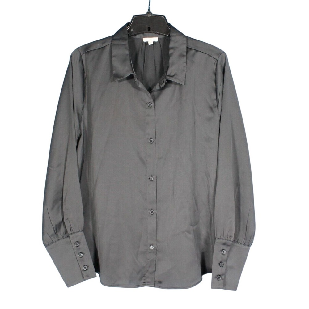 JOIE Solid Black SATIN Button-Up 3-BUTTON CUFFS Dressy BLOUSE/SHIRT/TOP Sz L